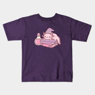 Cute Axolotl On Books Witches Familiar Kids T-Shirt